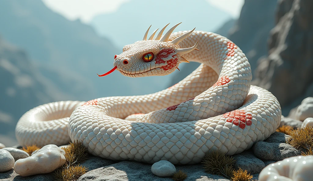There are many white jade ores on the mountain.，There are also many red and white rings on the body，Pit viper with spikes on its nose（best quality，4K，8k，High level，masterpiece：1.2），Ultra Detailed，（lifelike，Photo real，Photo real：1.37）