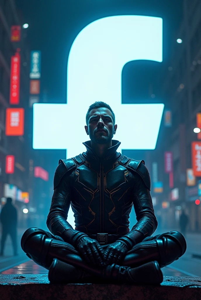 Man sitting in Facebook logo in cyberpunk suit