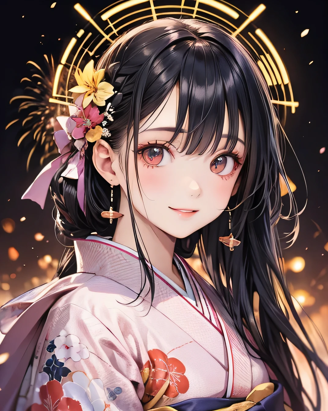 Looking at the camera,(((Highest quality, 8k, masterpiece))), Sharp focus, (Beautiful woman with perfect figure), thin, (Hairstyle: superior)), ((kimono)), Highly detailed face and skin texture, Beautifully detailed face, Beautiful attention to detail, Random Pause, (smile), Beautiful Japanese Woman, Realistic Face, double eyelid, smile, Summer festival, At sunset , Beautiful Teeth , Fireworks Background.