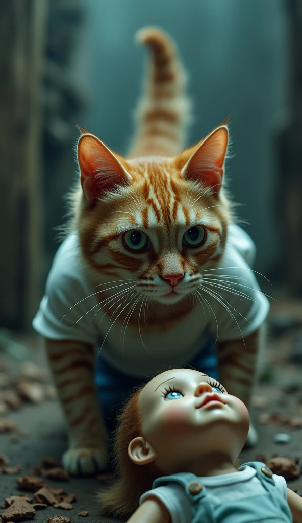an orange cat wearing white shirt blue pant and As the cat approaches the doll, strange whispers fill the air. The cat’s ears twitch, and its fur bristles as it looks around, searching for the source of the sound. The camera zooms in on the cat's wide, fearful eyes.