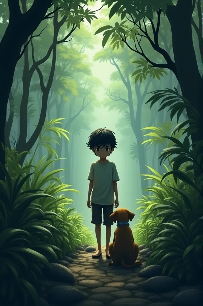 A sad boy stay front of the jungle with dog.They both are sad and they looking for a something wit sad face.