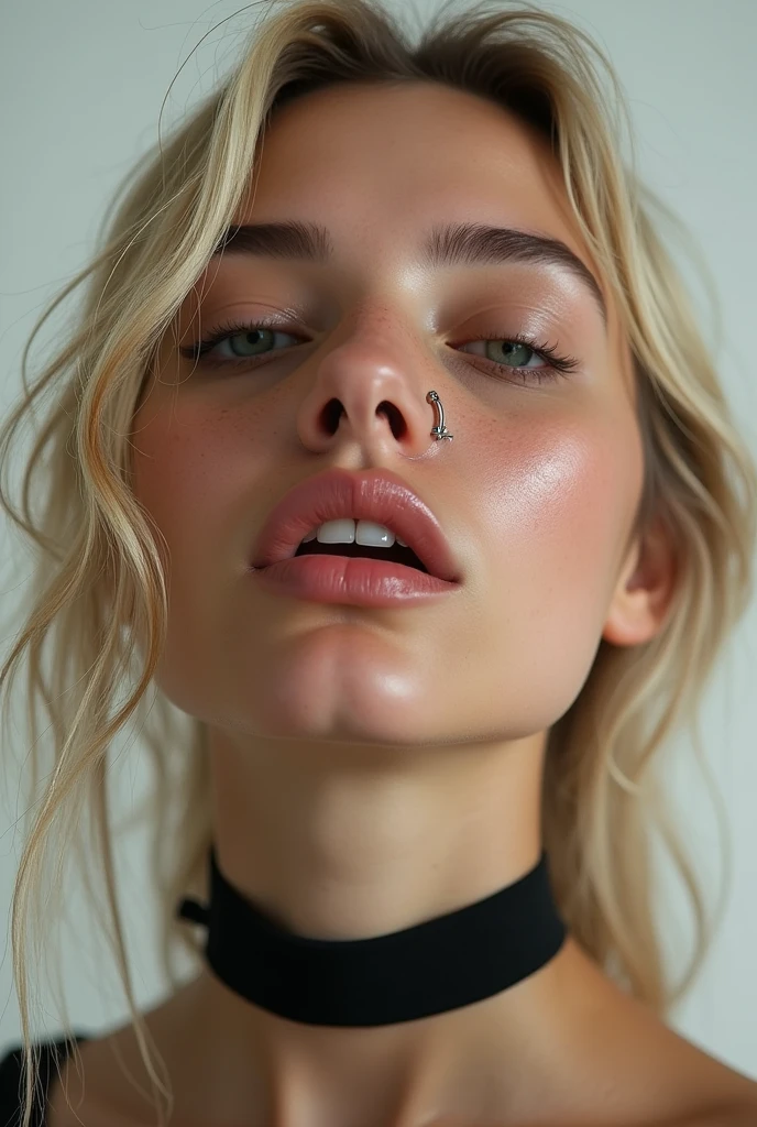 Black choker, Run the whole race, a lot of cum on the face, nose piercing, High resolution, High resolution, award-winning photo, realistic skin texture, very detailed, Keep your eyes sharp and focused, nose and mouth, facial focus, Woman with open mouth and closed eyes, Black sweater, 3, symmetrical face, Realistic nostrils.low angle, elongated C-shaped nostrils,,, White background, sweaty skin, iluminación que destaca la sweaty skin ((hook nose))Shiny skin from sweat, shiny skin, sweaty hair, bright sun, a Picture of an Arafed woman with long hair , blonde hair, Ilya Kuvshinov con cabello largo, Seductive girl, Blonde girl with long hair, detailed digital