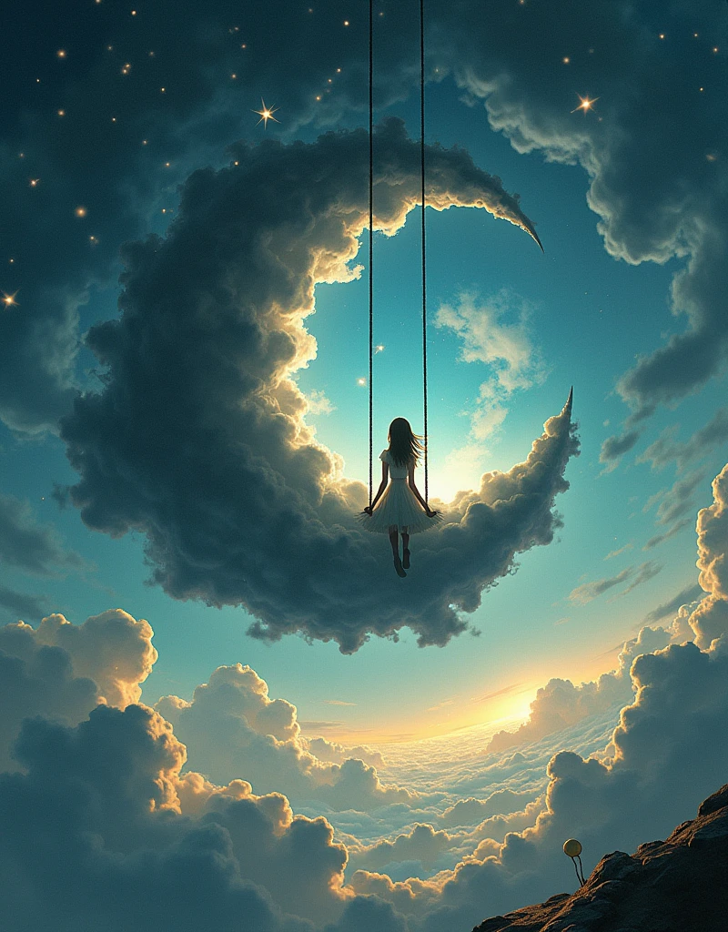 Double Exposure, Girl sitting on swing on crescent moon, Sunset, masterpiece, art, by Andreas Lee, Bojan Jevtic 和 Ashley Wood, spiral world of darkness and light, day and night, Micro Crescent, Night Sky, surrounding clouds, actual, whimsical, extremely good, splash art, Intricate details, Super detailed, minimalist, Psychedelic, post apocalyptic, photoactual, concept art, Dynamic lighting, sharp focus