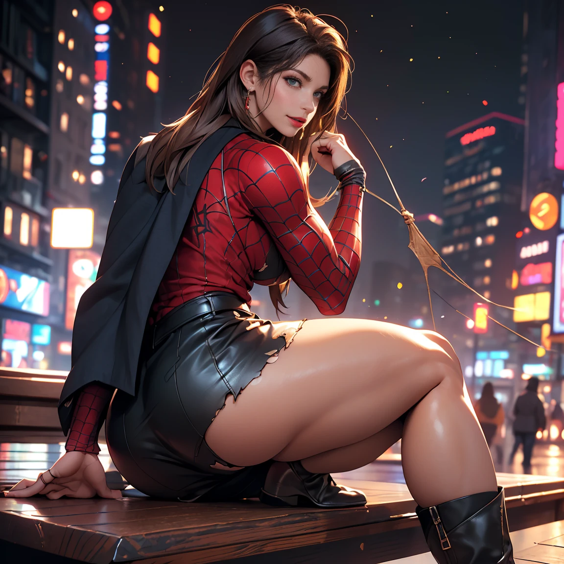 ((Pretty Caucasian (female), Sarah Shahi, a slim but muscular body, huge breasts), ((bright red lipstick)), ((seductive smile)) ((big bright blue eyes looking towards the viewer)) ((short tied dark brown hair)), flawless, tall, (Red Lip, Heavy makeup), Earring、intricate details, Extremely delicate and beautiful, ((wears a torn Spider-Man suit, wearing ultra micro miniskirt exposing most of her beautiful thighs, ankle high leather boots、)):1.0、 1 girl, Only 1 girl, light source from front, Detailed Beautiful Woman、Sexy walking pose, standing pose、((best_quality:1.8)), ((masterpiece:1.0)), intricate details, Extremely delicate and beautiful, (dark shot:1.8), Ultra realistic 8K, (realism: 1.5), (Realistic: 1.4), (Absurdity:1.4), official art, extremely detailed CG unity 8k wallpaper, ultra-detailed, perfect lighting, Colorful, ultra high res, photography, 8K, HDR, Kodak portra 400, (bokeh:1.2), (vibrant_color:1.2), (warm hue, warm tone:1.2), (color photo), professional photograph, film grain:1.2, NSFW:1.0, new york city roof top, midnight, ((view from bottom))、