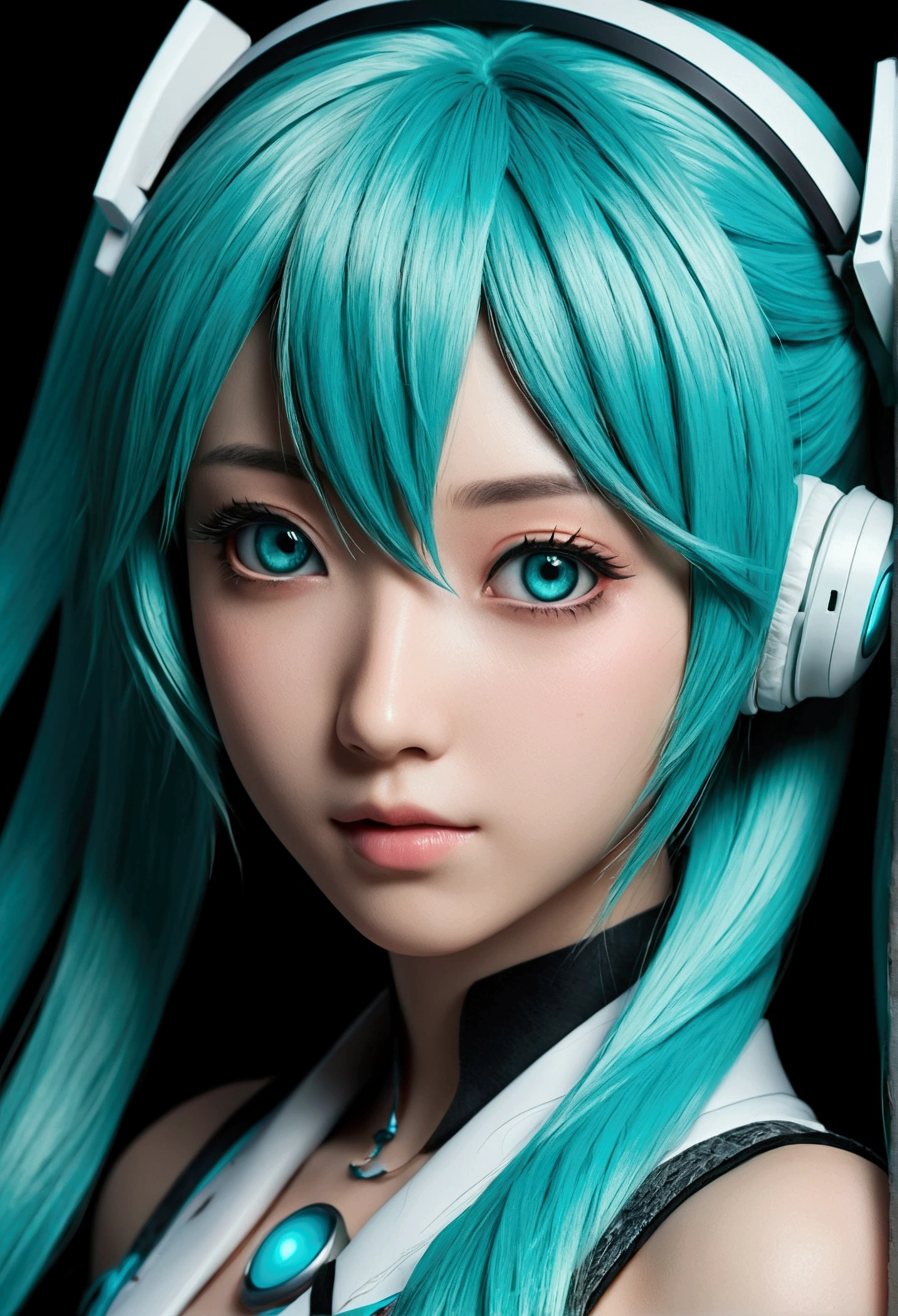 Genius lady Hatsune Miku, intricate detail Highly Detailed Eyes, Faded, 16K resolution, RAW, Nikon Z9, Creative, Masterpiece, Fantasy, High Definition, High Quality, 8k, Realistic, Dramatic Lighting, Soft Focus, Digital Illustration, Intricate Mechanics, Advanced Techniques, Dark Background Cinematic, High Contrast, High Contrast Atmosphere, (Best Quality, 4k, 8k, High Definition, Masterpiece: 1. 2), Ultra-Detailed, (Realistic, Graphic, Photorealistic: 1. 4) -- No Glass --AR 16:9 --Stylize 1000