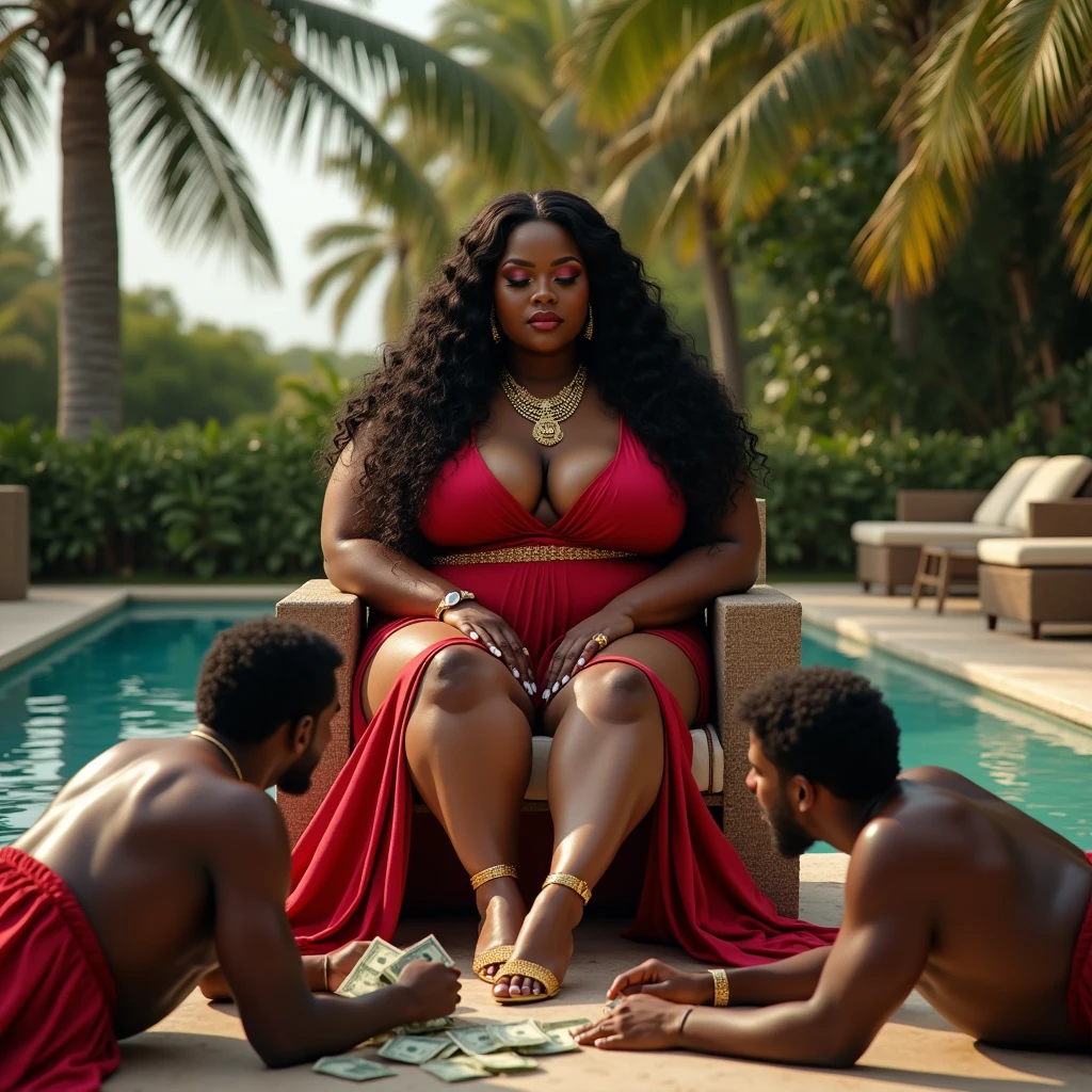 (photorealism:1.2), photorealist plus-size, curvaceous BBW woman in her mid-30s with a dark-skinned, melanin-rich complexion and long beautiful hairsits with commanding presence in a luxurious, high-end resort in Jamaica. She exudes power, wealth, and authority, embodying a matriarch findom goddess persona. Dressed in a luxurious designer outfit—a form-fitting, elegant dress paired with high heels and adorned with gold jewelry—she radiates confidence and control. At her feet, two white men kneel in worship, their expressions showing admiration and submission, each holding large lump sums of cash as offerings to her. The resort setting is opulent, with a backdrop of tropical elegance, featuring lush greenery, a sparkling infinity pool, and plush seating, highlighting the atmosphere of wealth and dominance.