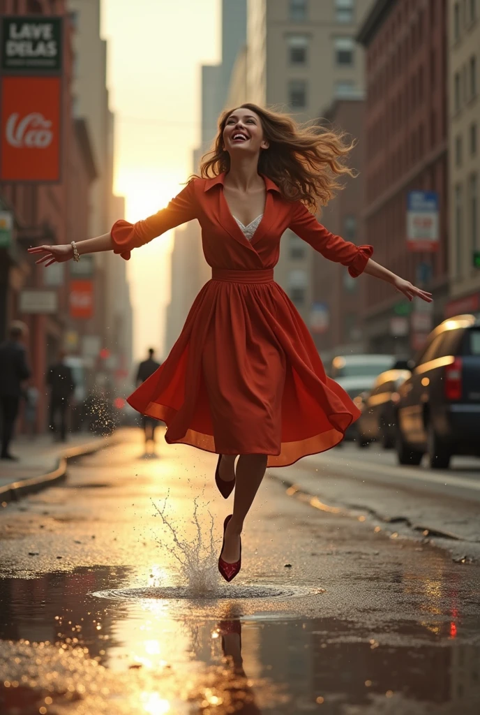 A girl, age 25, smiling and dressed in 50&#39;s style, jumps to avoid a puddle on a New York street, after a rain. Sun appearing in the background.