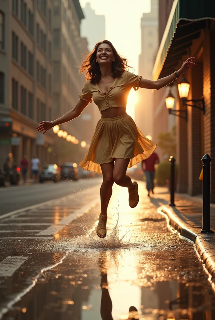 A beautiful woman dancing in heavy rain, wet face, wet body, messy hair, high resolution, ultra-detailed, extremely detailed,