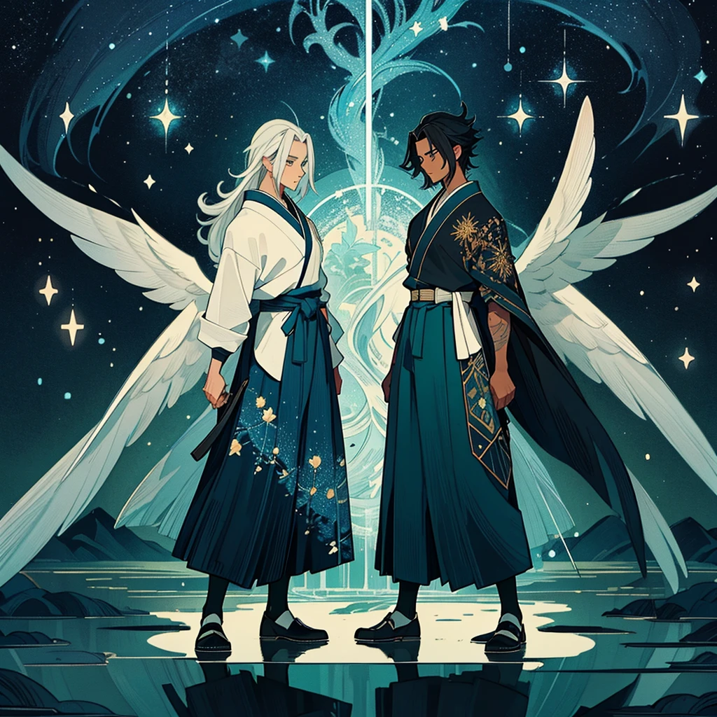 1 Man with black skin and white hair, messy medium hair. Bright sky blue eyes. Green branches with elongated leaves on the head. preto sweater, Hakama pants, belt at the waist with bag. a large pair of wings. Dark blue with green sparkles reminiscent of a starry night sky Mystical atmosphere, delicate brushwork, magical scenery, Peaceful and serene. detailed clothing. nature background.