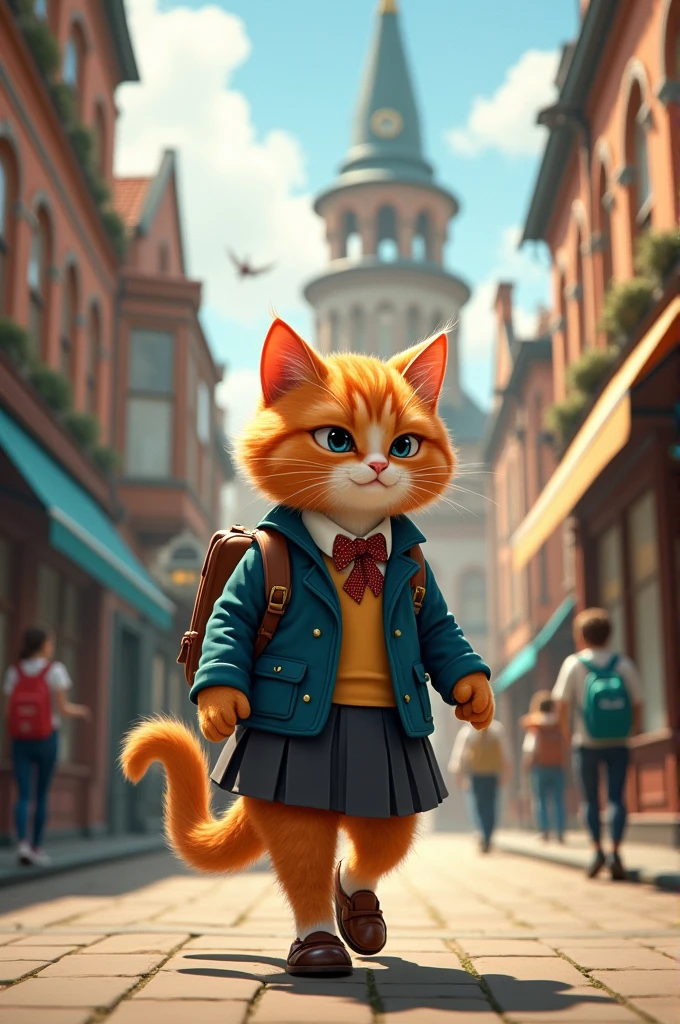 ginger cat in school uniform going to insect museum.