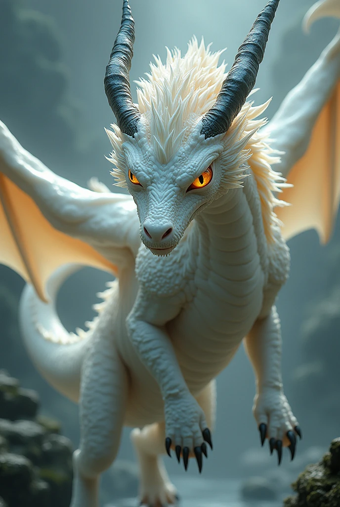 white dragin with golden yellow eyes and have a black Horns and nail and have a dorso hairs and have a floating wheel on the head