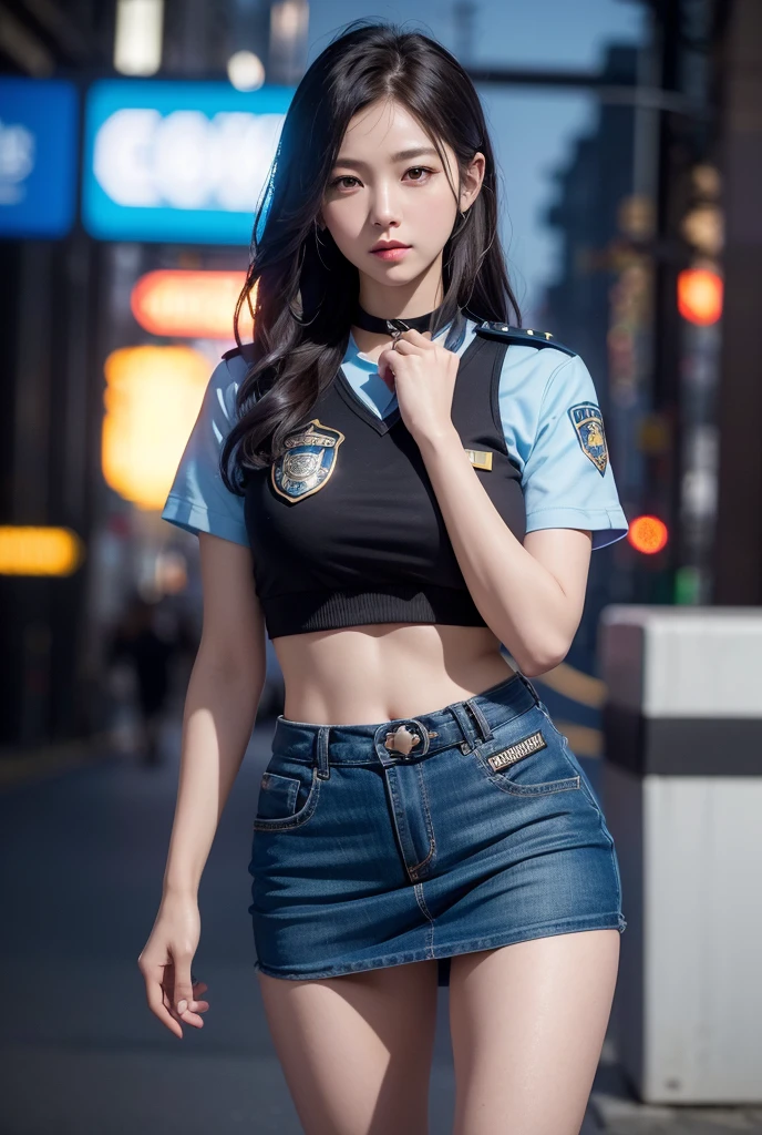 Police Officer、young woman、police box、青いPolice Officer制服、mini skirt、cute、Holding handcuffs、Sexy legs、(best quality,4K,8k,highres,masterpiece:1.2),ultra-detailed,(realistic,photorealistic,photo-realistic:1.37),HDR,uhd,studio lighting,ultra-fine painting,sharp focus,physically-based rendering,extreme detail description,professional,vivid colors,bokeh,cinematic lighting,dramatic shadow,