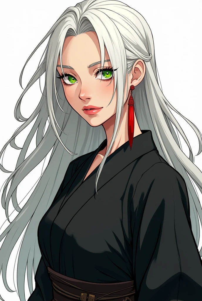 Adult manga woman long white hair with a long bell earring, green eyes dressed in black kimono badass. No hair on the forehead
