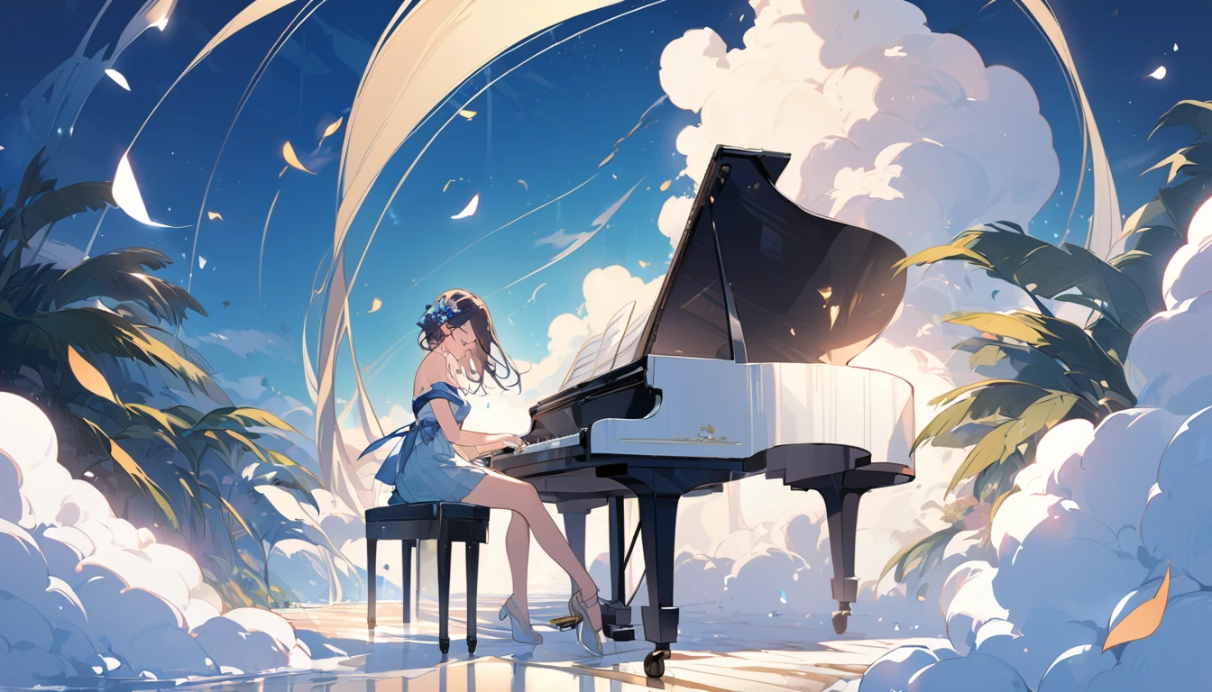 A landscape that complements piano music,a girl in her twenties,graceful