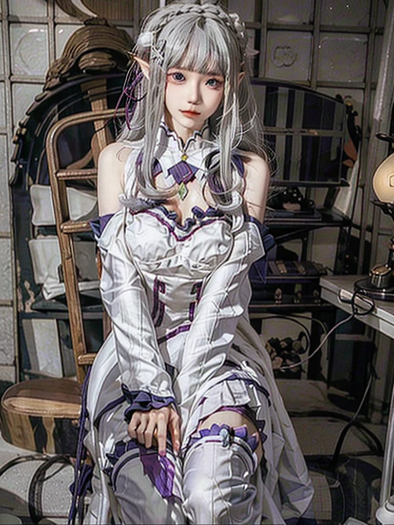 ulzzang-6500-v1.1,(raw photo:1.2),((photorealistic:1.4))best quality ,masterpiece, illustration, an extremely delicate and beautiful, extremely detailed ,CG ,unity ,8k wallpaper, finely detail, best quality,extremely detailed CG unity 8k wallpaper,absurdres, incredibly absurdres, big breats,sexy body,huge filesize, ultra-detailed, highres, extremely detailed,beautiful detailed girl, extremely detailed eyes and face, beautiful detailed eyes,light on face,cinematic lighting,1girl,(full body),(full-body shot),looking at viewer,outdoors, silver_hair, pointy_ears, purple_eyes, hair_ornament, hair_ribbon, lips