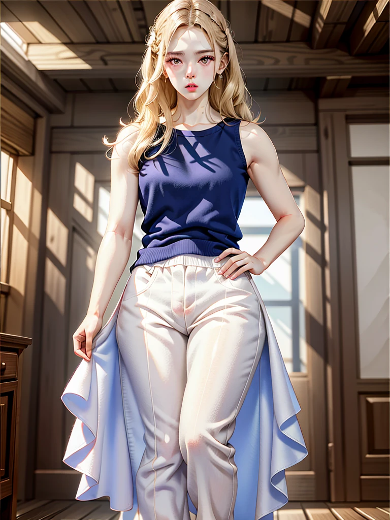 :: body tall girl,masterpiece high-detailed, 8K, hyperrealistic & hips slim, girl age detailed hyperrealistic
face beautiful teen girl, face cute slim teen girl, ultra high-detailed,realisticed,
white aura complexion body detailed
provocative face and gesture,
Wear Random tank top and pajamas shorts ,
Hair tie blond:: ,
on background(ultra-realistic)(illustration),(high resolution 8K)(extremely detailed)(high best illustration),full body short,
eyes bright sky blue high-detailed,(Ultra-high quality detailed realistic masterpiece:0.3)
