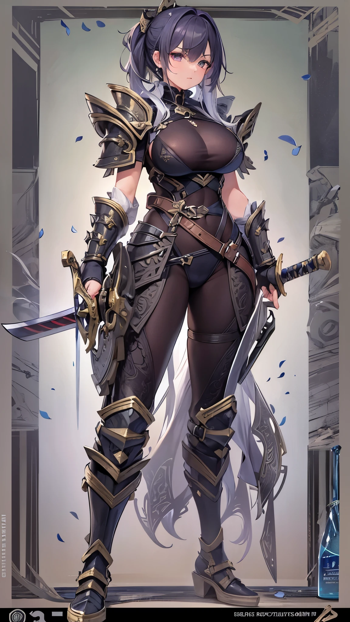 ((Highest quality)),(Ultra-high resolution),(Super detailed),(Detailed Description),((The best CG)),(masterpiece),Highly detailed art,(Art with precise detail:1.5), (Female Swordsman:1.7),(Belted bodysuit:1.7,Matte Black:1.3),(Spiked Boots:1.3),(Bikini type breast armor:1.3)