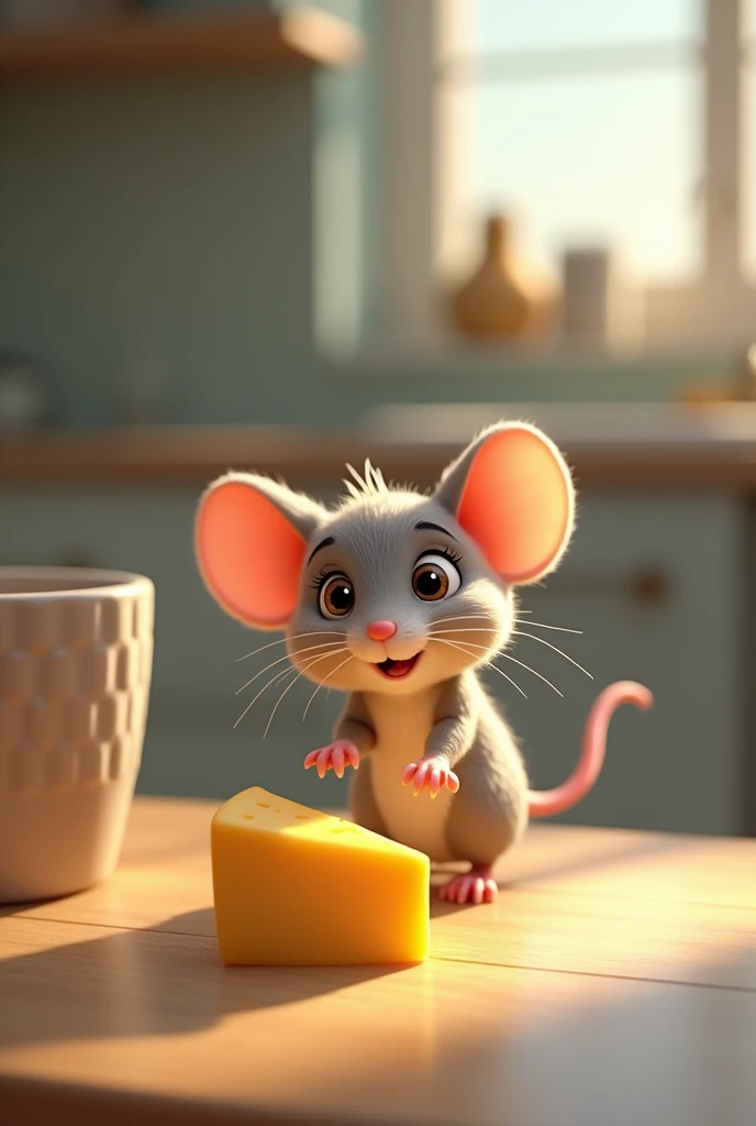 A mouse finds cheese in a quiet kitchen、Sneak up to it。The mouse's eyes sparkle.、Smiling and reaching for the cheese。
i