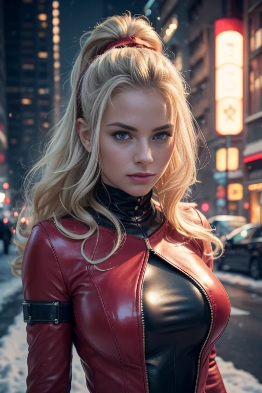 From below, a gorgeous European blonde woman, age 23, bun and wavy hair, she's a men magazine model, She has a subtle smile and flirts with the camera, (she’s in the street of a futuristic cyberpunk city with snow), (she’s wears a Victorian cyberpunk Santa Claus red leather suit covering her chest:1.2), perfect eyes, perfect hands, perfect body, perfect hair, perfect breast, hair behind ear, UHD, retina, masterpiece, accurate, anatomically correct, textured skin, super detail, high details, high quality, award winning, best quality, highres, 16k, 8k, cinematic lighting