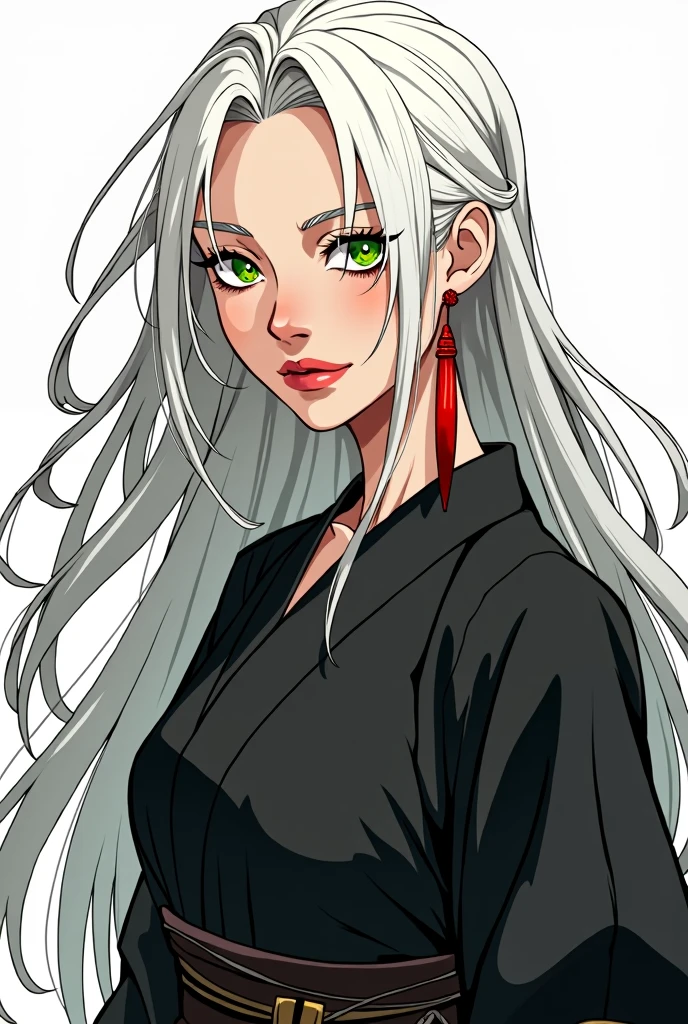 Femme mangas 25 ans cheveux blanc long yeux vert claire pas de cheveux sur le front. Habillé en kimono noir avec un look badass avec une seule boucle d'oreille longue et rouge
