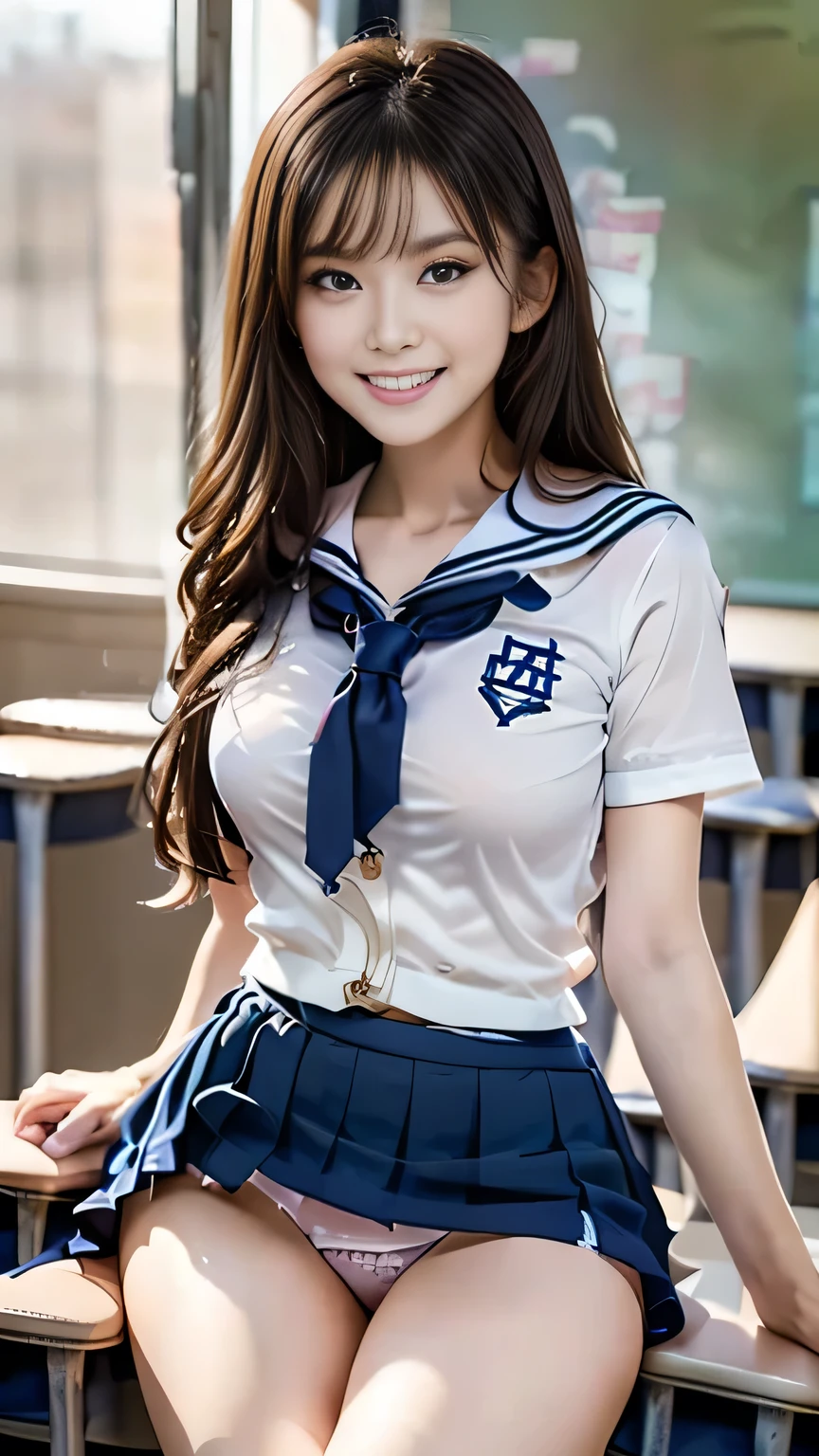 (masterpiece, Highest quality:1.2), 8k, Young and beautiful girl, 85mm,Official AR RAW Photos, Baby Face、The clothes are big、Show me your ears、photo shoot, Cute Face, Thighs(細いThighs:0.8)、Embarrassing、smile、No makeup, Film Grain, chromatic aberration, Sharp focus, Face Light, Bright lighting, 10 generations, Detailed face, Background Blur、((((((1 high school girl))))))、Tight waist、Sailor suit、cardigan、Navy blue mini skirt、pull up the skirt with your hands、sexy underwear panties、Spread your legs
