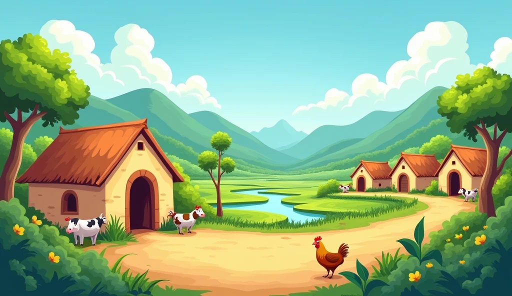 Create a vibrant cartoon background of a peaceful village with lush green trees, farm fields, and small, mud-brick huts. The sky should be a light blue with a few fluffy clouds, indicating daytime. In the distance, there could be a river or pond with light blue water. The surroundings might include a few chickens or cows to add to the natural village atmosphere. Everything should be in a simple, bright color palette to give it a classic cartoon feel."