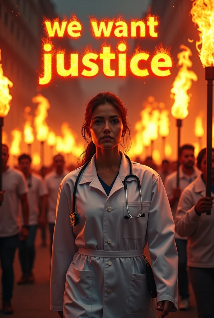 Generate an image where "We Want Justice" appears or surrounded with fire. Give some more images. Now make a poster where people are marching behind this image. People are carrying fire torch. Give some more poster ideas. Place a lady doctor at the top in front face. She wears white apron and stethoscope in her hand
