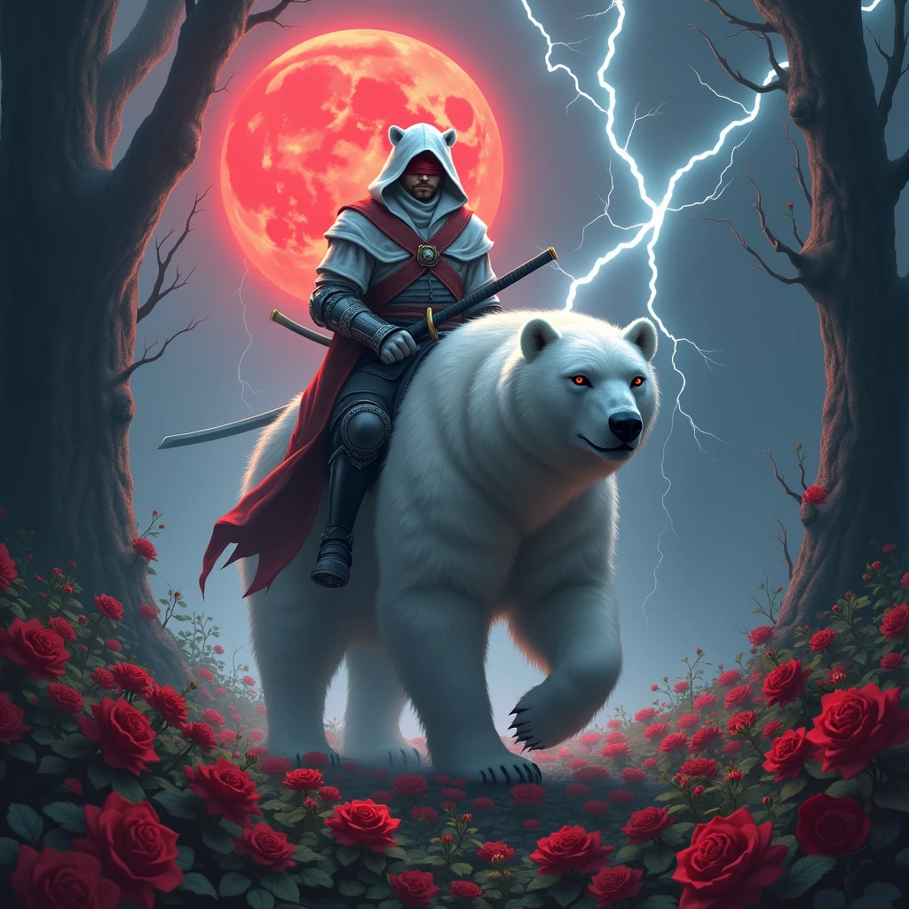 Godlike, in it a male knight with a white hood with bear ears and a katana at his back is riding a polar bear in a forest while the moon shines, many Roses cover the ground and lightning falls from the sky. Only the man wears a red blindfold. In the background of the picture is the blood moon.