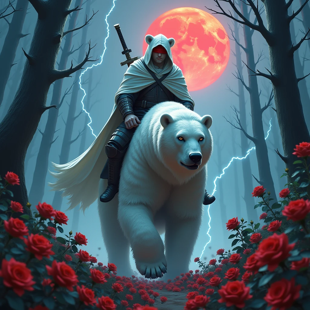 Godlike, in it a male knight with a white hood with bear ears and a katana at his back is riding a polar bear in a forest while the moon shines, many Roses cover the ground and lightning falls from the sky. Only the man wears a red blindfold. In the background of the picture is the blood moon.