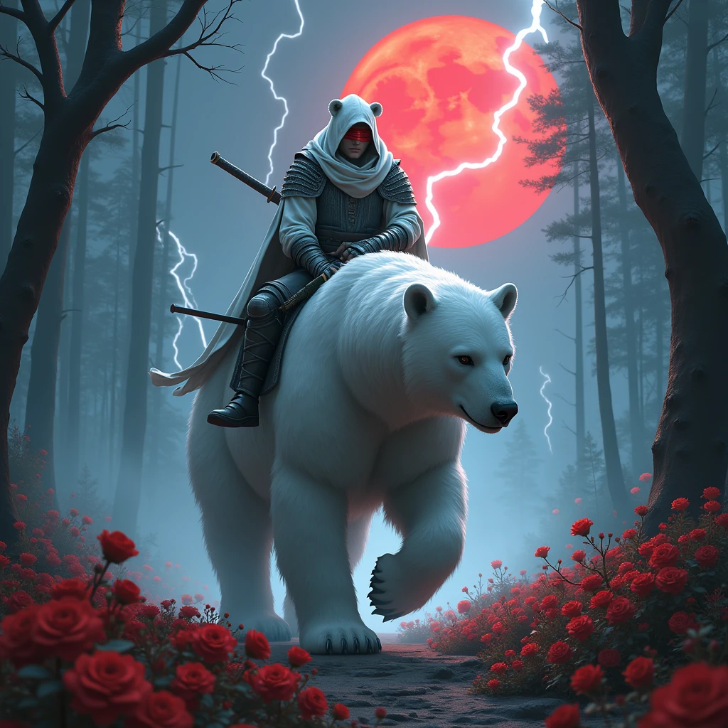 Godlike, in it a male knight with a white hood with bear ears and a katana at his back is riding a polar bear in a forest while the moon shines, many Roses cover the ground and lightning falls from the sky. Only the man wears a red blindfold. In the background of the picture is the blood moon.