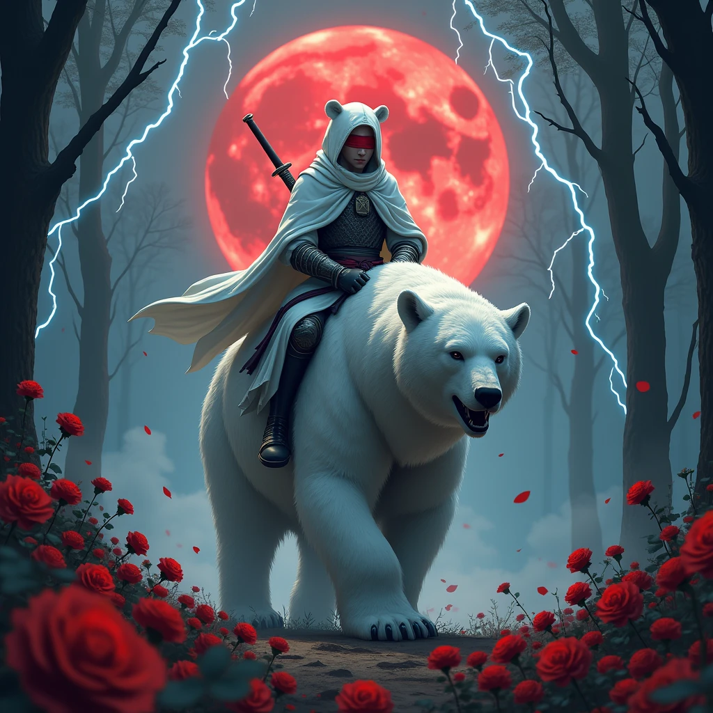 Godlike, in it a male knight with a white hood with bear ears and a katana at his back is riding a polar bear in a forest while the moon shines, many Roses cover the ground and lightning falls from the sky. Only the man wears a red blindfold. In the background of the picture is the blood moon.