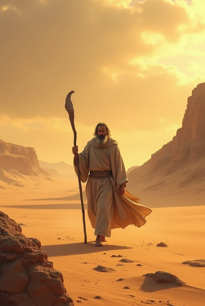 1. A vast desert landscape with Moses walking alone, a shepherd’s staff in hand, with a faint glow visible in the distance. 200bc, hyper realistic