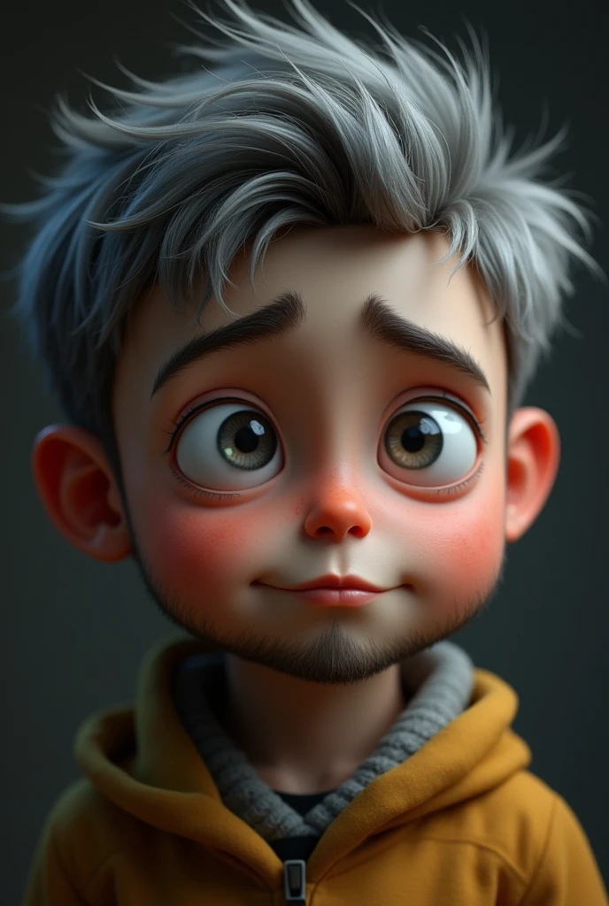 a 2 boy with gray hair, flat nose, medium mouth, drooping eyes, half closed, low self-esteem, medium eyebrows and a half smile, bearded skin color