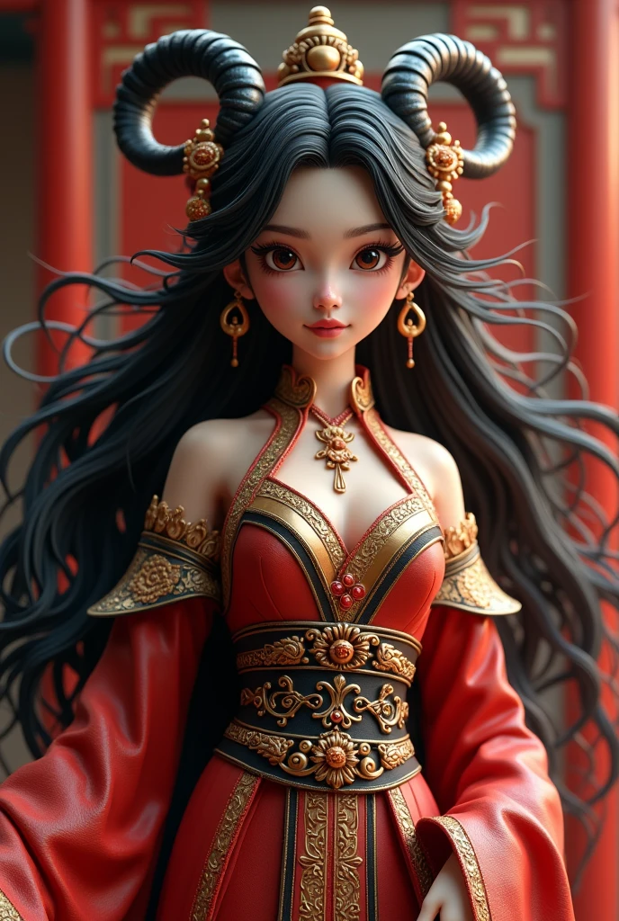 A stunning 3D model of a daughter of the Dragon King with a charming and enticing appearance. daughter of the Dragon King spirit is depicted with long, flowing black hair and horns, as well as exquisite facial features such as a sharp nose and mischievous smile. Her slender and elegant figure highlights her beauty and allure with its graceful curves. She is wearing a luxurious and luxurious Chinese outfit, with complex patterns and decorations reflecting her supernatural power and mysterious aura. The color scheme is mainly red, gold, and black supplemented by other complementary colors creating a harmonious and eye-catching composition with a full body image--ar16:9 --niji 5 --style expressive --s 250