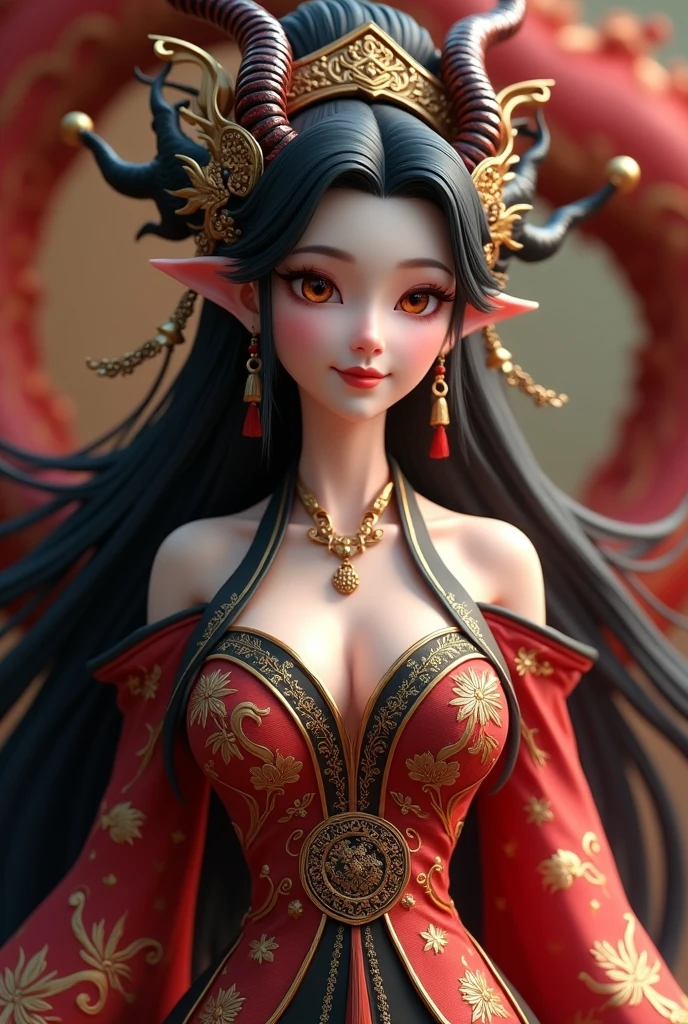 A stunning 3D model of a daughter of the Dragon King with a charming and enticing appearance. daughter of the Dragon King spirit is depicted with long, flowing black hair and horns, as well as exquisite facial features such as a sharp nose and mischievous smile. Her slender and elegant figure highlights her beauty and allure with its graceful curves. She is wearing a luxurious and luxurious Chinese outfit, with complex patterns and decorations reflecting her supernatural power and mysterious aura. The color scheme is mainly red, gold, and black supplemented by other complementary colors creating a harmonious and eye-catching composition with a full body image--ar16:9 --niji 5 --style expressive --s 250