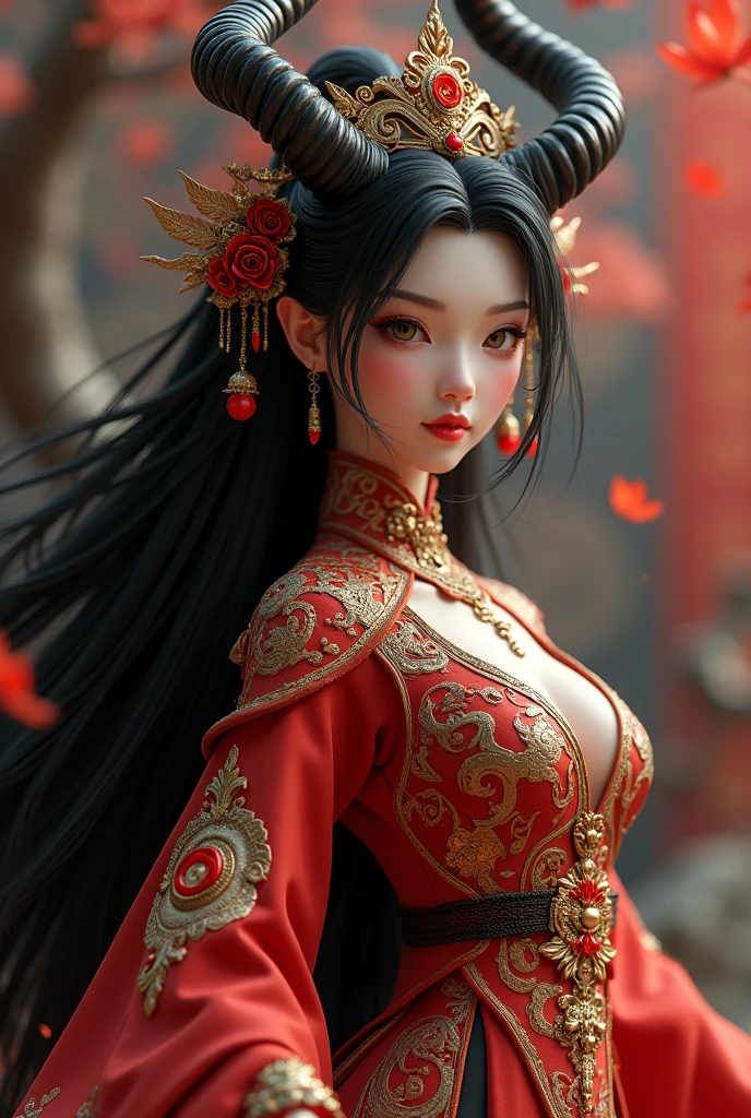 A stunning 3D model of a daughter of the Dragon King with a charming and enticing appearance. daughter of the Dragon King spirit is depicted with long, flowing black hair and horns, as well as exquisite facial features such as a sharp nose and mischievous smile. Her slender and elegant figure highlights her beauty and allure with its graceful curves. She is wearing a luxurious and luxurious Chinese outfit, with complex patterns and decorations reflecting her supernatural power and mysterious aura. The color scheme is mainly red, gold, and black supplemented by other complementary colors creating a harmonious and eye-catching composition with a full body image--ar16:9 --niji 5 --style expressive --s 250