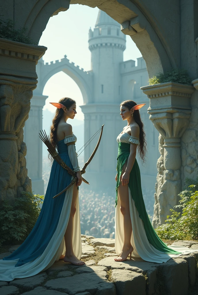 Full body portrait. A very beautiful adult female elf, wearing blue and white clothes while carrying a bow. And a very beautiful adult female elf wearing green and white clothes. In the background they are peeping at the monster army from the edge of a cliff full of castle ruins. This scene is a very detailed and professional 3D digital art. Game art. 64k resolution