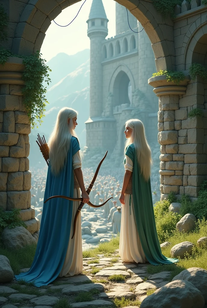 Full body portrait. A very beautiful adult female elf, wearing blue and white clothes while carrying a bow. And a very beautiful adult female elf wearing green and white clothes. In the background they are peeping at the monster army from the edge of a cliff full of castle ruins. This scene is a very detailed and professional 3D digital art. Game art. 64k resolution