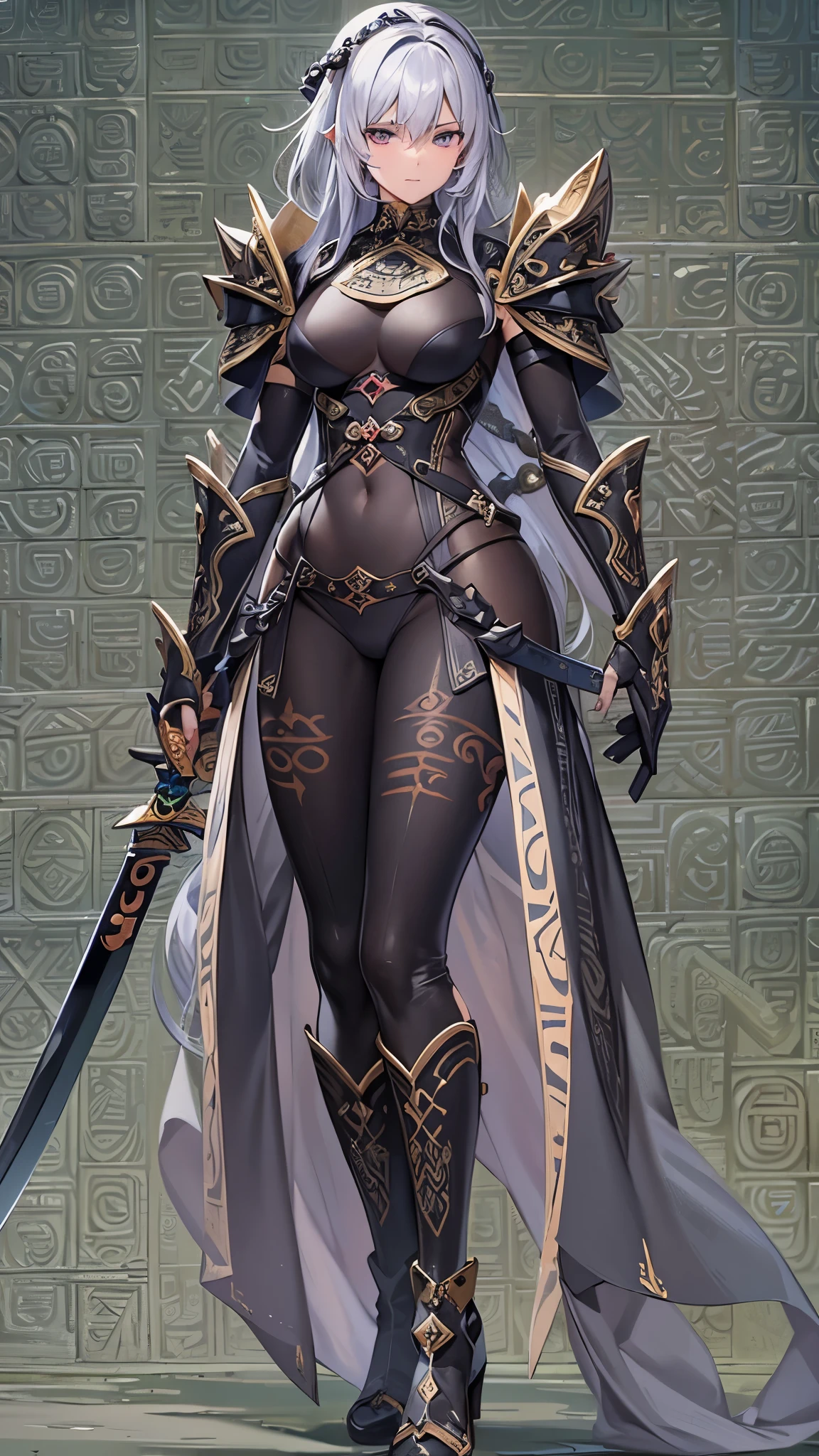 ((Highest quality)),(Ultra-high resolution),(Super detailed),(Detailed Description),((The best CG)),(masterpiece),Highly detailed art,(Art with precise detail:1.5), (Female Swordsman:1.7),(Belted bodysuit:1.7,Matte Black:1.3),(Spiked Boots:1.3),(Breast Armor:1.3), ((Emerging Sanskrit characters:1.7)), crystallization, Floating Prism