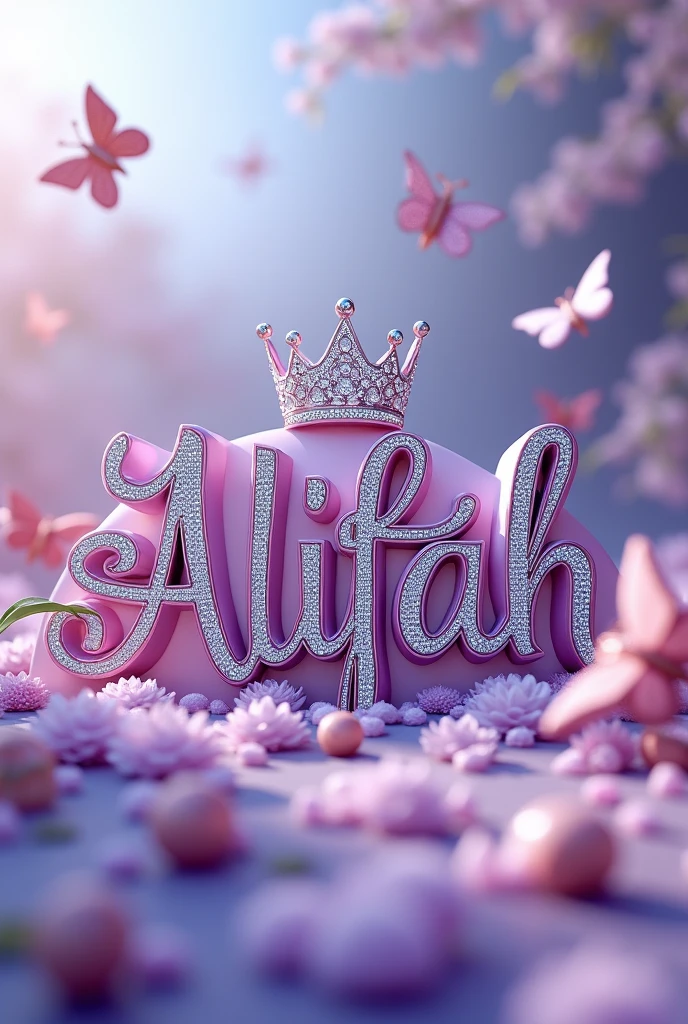 This 3D conceptual artwork captures the essence of luxury and elegance.. displayed "ALIFAH" in a stunning swirling purple font, exudes sophistication and luxury. The writing is adorned with a dazzling diamond crown., highlight the presence of his government. Around his name, A peaceful array of blooming flowers creates a peaceful atmosphere. Stunning purple and white metallic butterflies float gracefully above, symbolizes freedom and elegance. design
