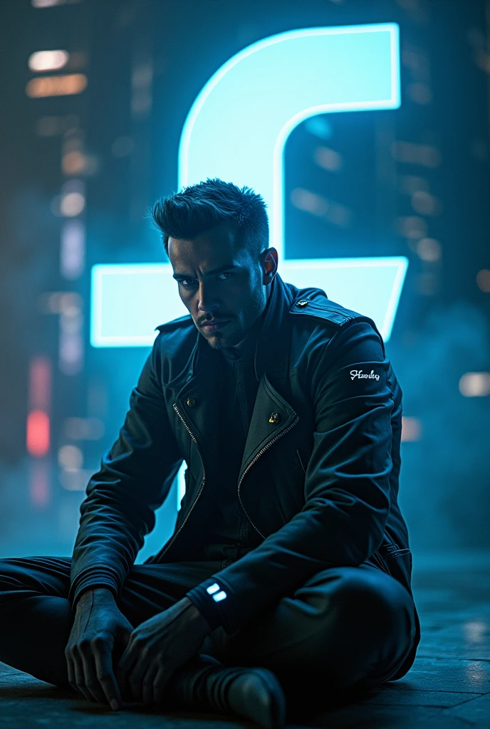 Man sitting in Facebook logo in cyberpunk suit profile