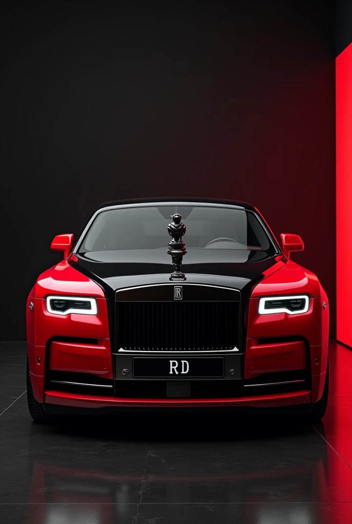 Rolls royace car color with red and black theme statue of ecstasy should be shown the car should be facing us
Background should match the dark vibes color and in number plate where RR is written write DD in same style
The DD should be same like the RR logo of rolls royce
And the statue of ecstasy should be a little small