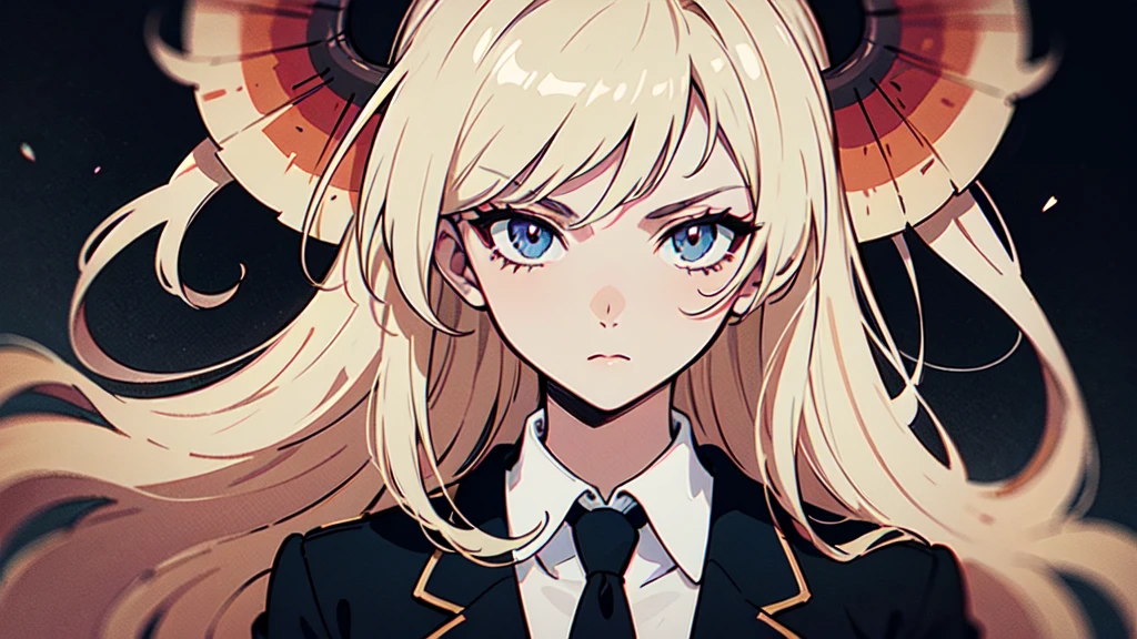 990s aesthetic, featuring a young woman with long, light-colored hair and red, horn-like protrusions on her head. The character should be wearing a school uniform consisting of a white shirt, black tie, and a dark jacket draped over her shoulders. Her expression should be calm and serious, with sharp, detailed eyes that capture a sense of depth and emotion. The art style should reflect the 90s anime aesthetic, with clean lines, soft shading, and a slightly muted color palette. The background should be simple, perhaps an indoor setting with soft lighting that highlights the character, keeping the focus on her detailed facial features and expressive eyes.