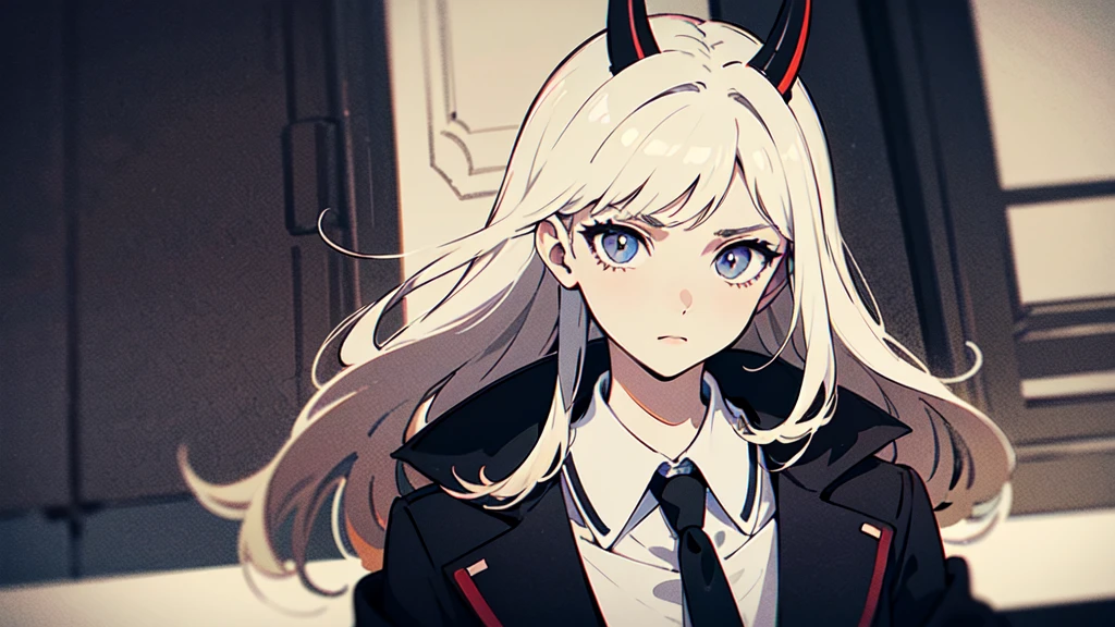 990s aesthetic, featuring a young woman with long, light-colored hair and red, horn-like protrusions on her head. The character should be wearing a school uniform consisting of a white shirt, black tie, and a dark jacket draped over her shoulders. Her expression should be calm and serious, with sharp, detailed eyes that capture a sense of depth and emotion. The art style should reflect the 90s anime aesthetic, with clean lines, soft shading, and a slightly muted color palette. The background should be simple, perhaps an indoor setting with soft lighting that highlights the character, keeping the focus on her detailed facial features and expressive eyes.