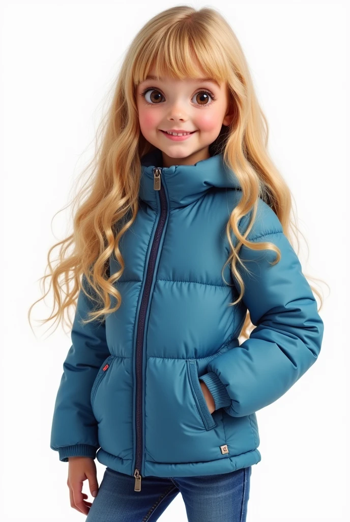 Girl, blonde, long wavy hair, brown eyes, GOOD LOOKS, happy expression, blue jacket, blue jeans, bangs pulled back (((white background)))