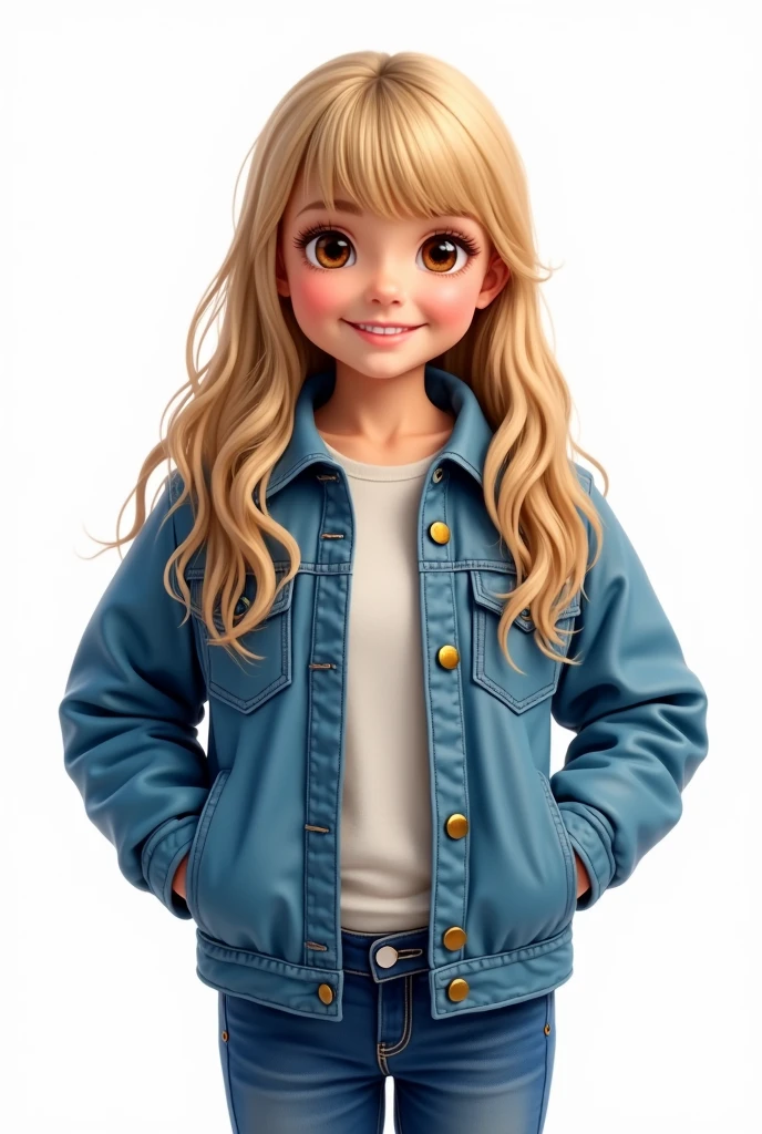 Girl, blonde, long wavy hair, brown eyes, GOOD LOOKS, happy expression, blue jacket, blue jeans, bangs pulled back (((white background)))