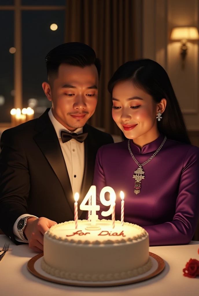 dinner celebrating the 49th birthday of an Indonesian woman and a man,  In front of them was a birthday cake with the word 49 written on it with the number 49 candles..  There is writing "For Diah". They were both dressed in high class formals. The woman is wearing a purple high neck dress and wearing a diamond necklace with a cross on the end.. The woman&#39;s position is blowing out the candles. The man wearing a Richard Mille watch holds a birthday present to be given to the woman.. 3D super realistic. UHD image. Pose facing the camera