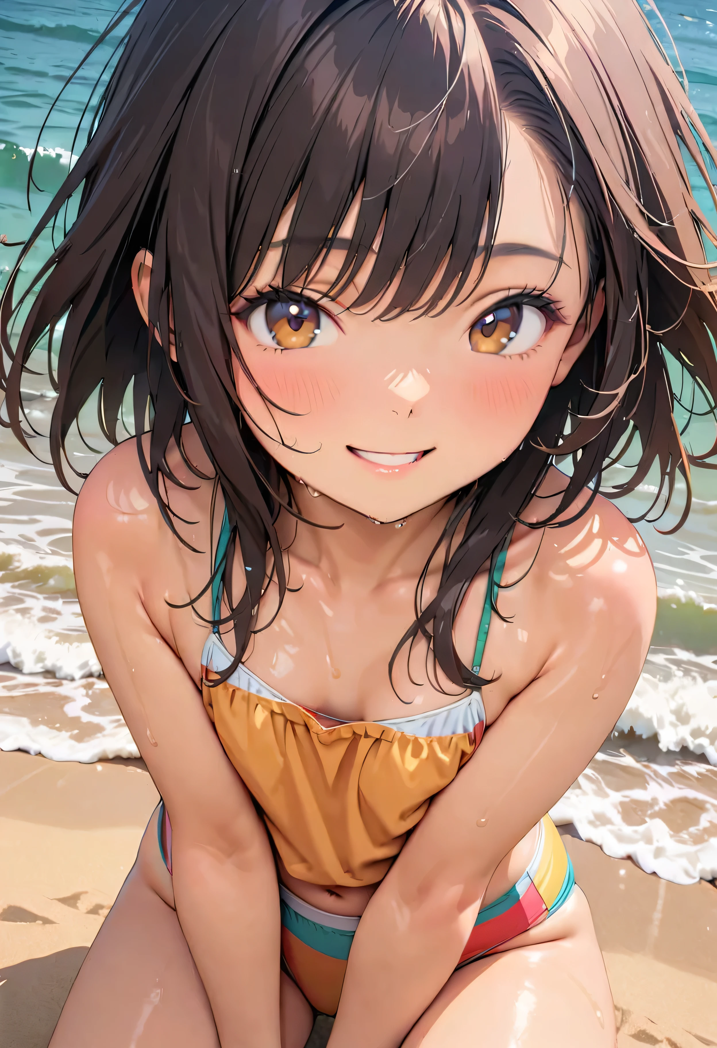 (Highest quality:1.2, Very detailed, Latest, Vibrant, masterpiece:1.2, Highest quality, Best aesthetics), smile, ((Face Up Shot:1.4)), 1980s style, 8K Ultra HD, Background Blur, smile, One Woman, Woman in swimsuit, Strong sunlight, Seaside, sunny, Summer sunshine, Wet Skin, Flat chest, Sandy Beach, low length, Dynamic Angle, very young
