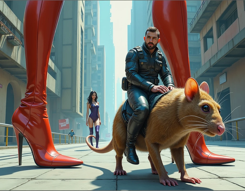 high qualiy , Comic books, a man human, tiny in futuristic intergalactic agent combat clothing riding an alien rat, riding on a sidewalk in a city of giants, futuristic and alien, next to him the gigantic feet of two gigantic women in futuristic high-heeled boots. Man is much smaller than the mouse, smaller than the heels of women's boots