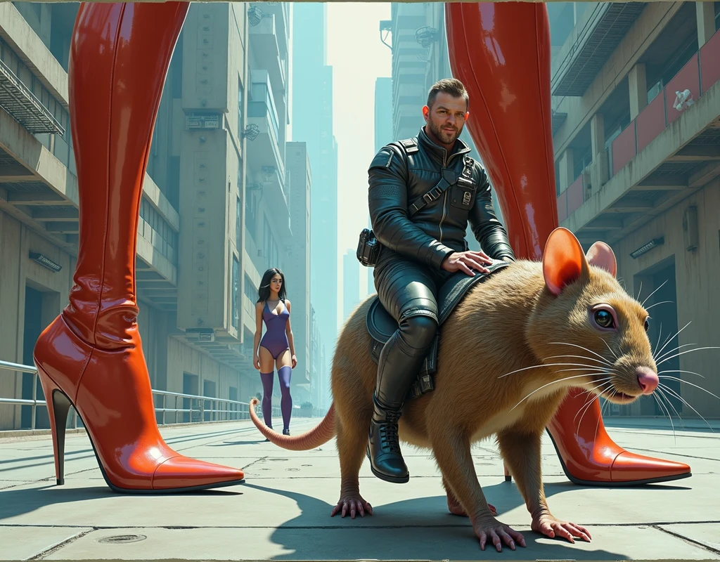 high qualiy , Comic books, a man human, tiny in futuristic intergalactic agent combat clothing riding an alien rat, riding on a sidewalk next to him the gigantic feet of two gigantic women in futuristic high-heeled boots.
